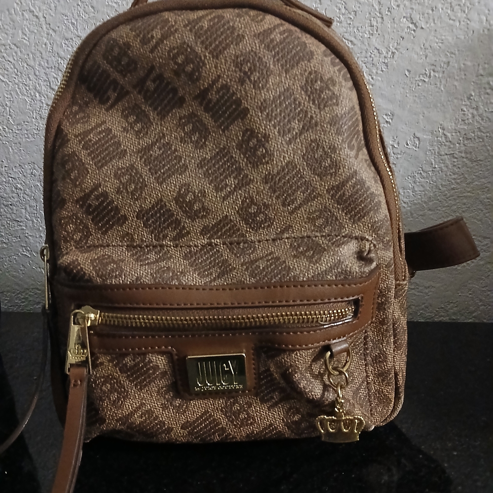 Juicy Couture Brown Monogram Mini Backpack – Crown Charm – Y2K StyleBran